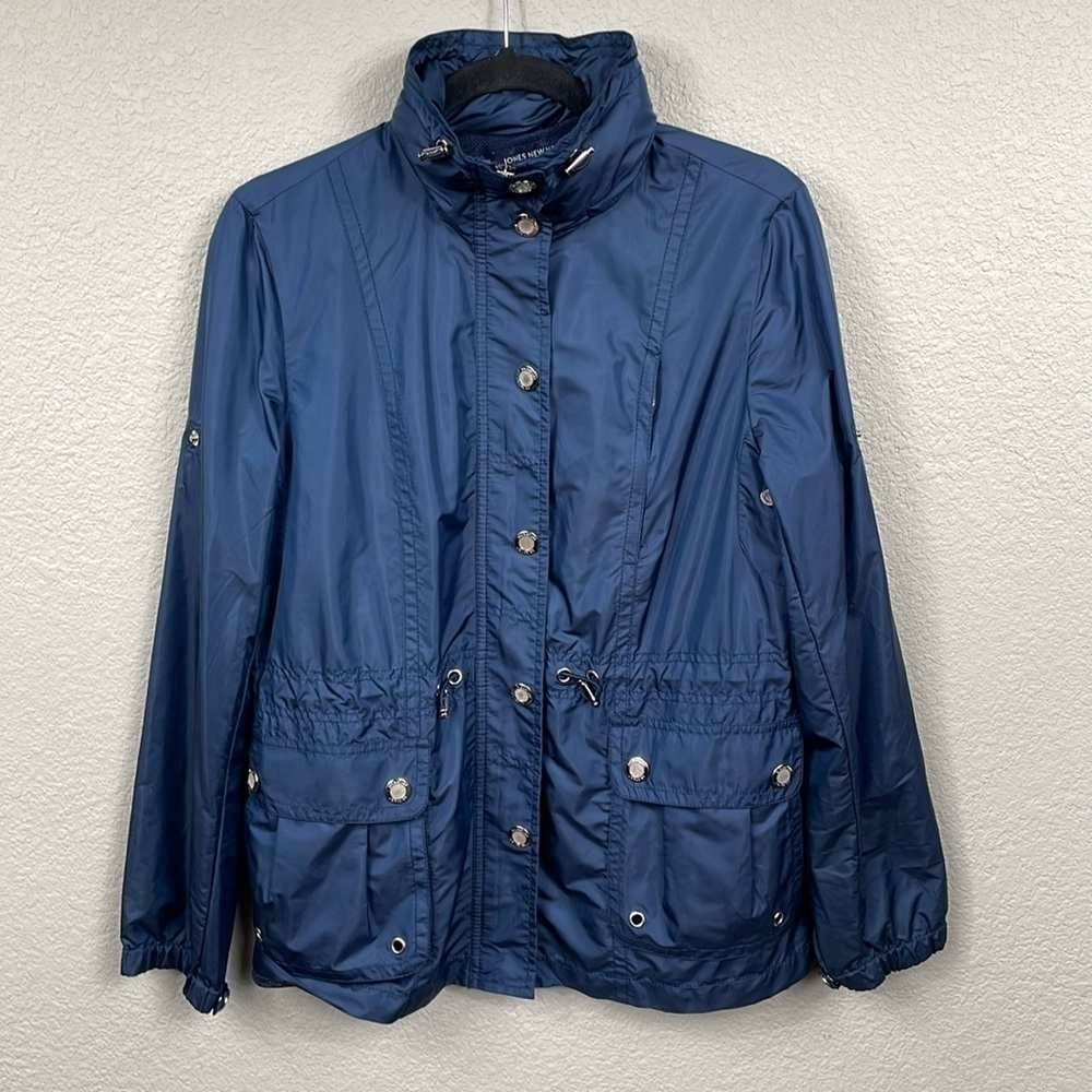 Jones New York Blue Rain Jacket Windbreaker Full Zip Snap Close Cinch Waist Sz S